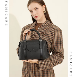 Woman holding a black handbag against a beige background with 'Famicare' branding.