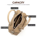 Beige backpack with labeled compartments on a white background