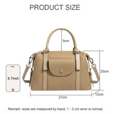 Beige handbag with dimensions labeled on a white background