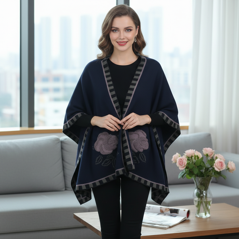 Woman wearing a black poncho with purple accents in a modern living room.