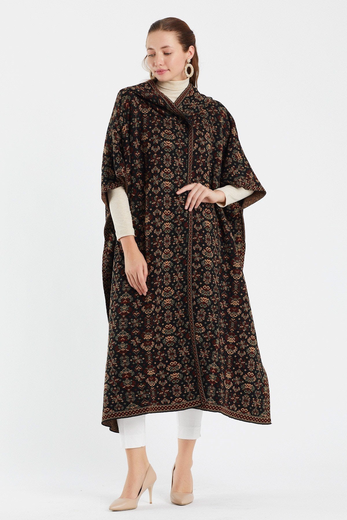 Women's Floral Patterned Hooded Poncho Main image