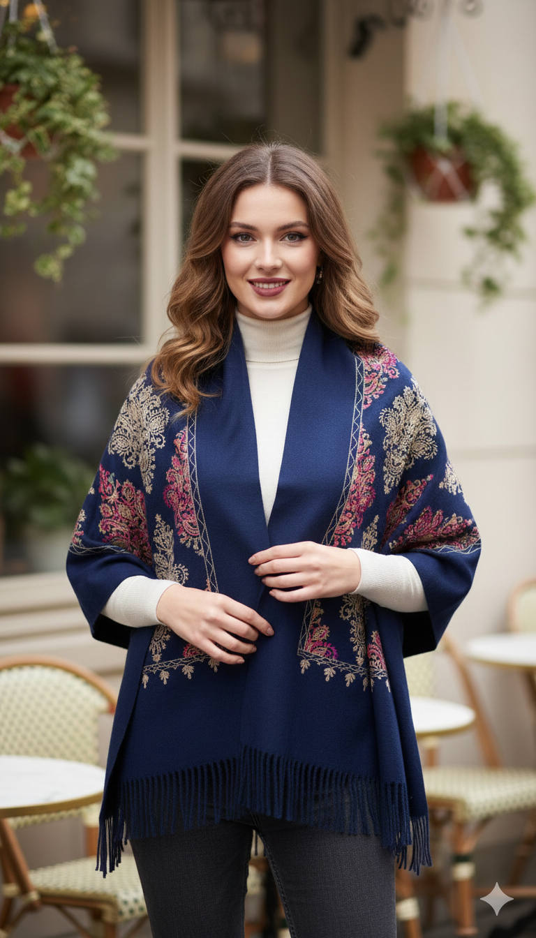 Woman wearing a blue patterned shawl in an outdoor cafe setting