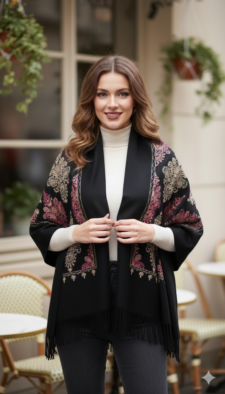 Woman wearing a black floral-patterned shawl in an outdoor setting