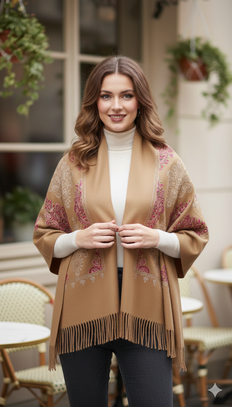 Woman wearing a beige patterned shawl in an outdoor setting