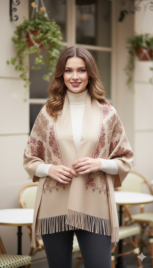 Woman wearing a beige floral-patterned shawl outdoors.