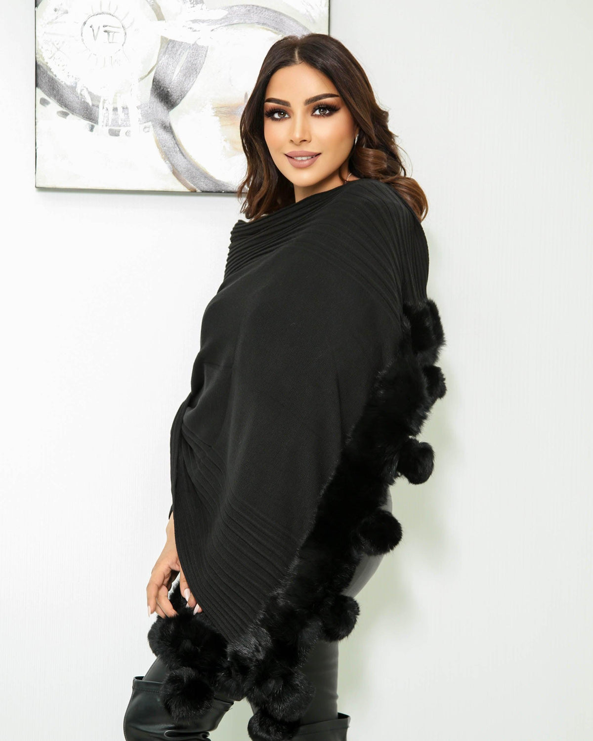 Shawl with Fur balls - NOORAN ALMASSI - نوران ألماسي