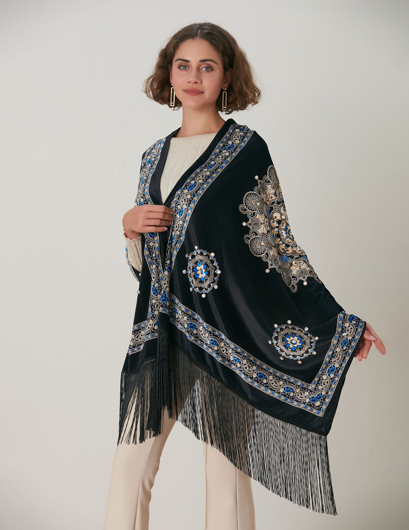 شال مخمل حرير منقوش حياكة يدوية