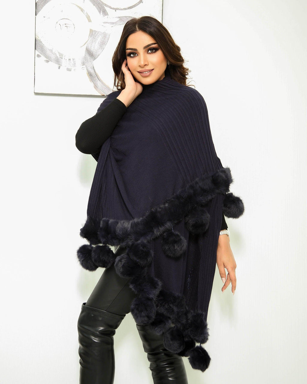 Shawl with Fur balls - NOORAN ALMASSI - نوران ألماسي